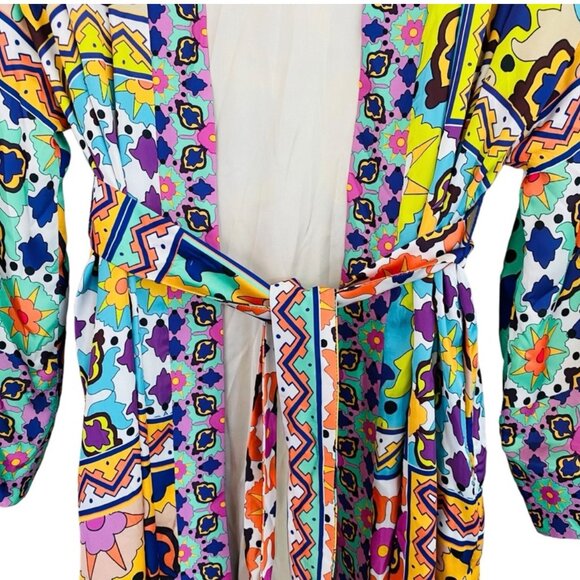 Zara NWT XS Satin Colorful Boho Vibes Floral Printed Belted Kimono Duster - Picture 3 of 5